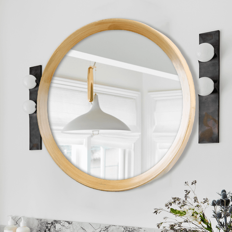 Wooden look wall mounted round mirror