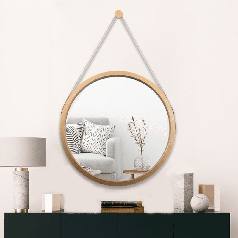 Gold wall mounted round mirror with rope