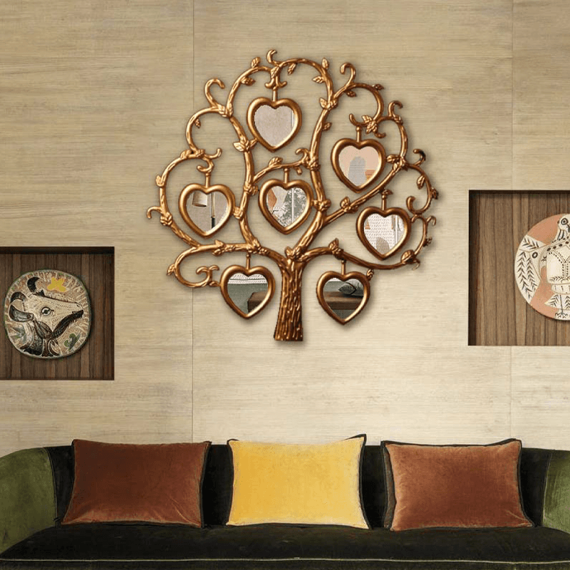 Gold heart shaped tree wall decor mirror
