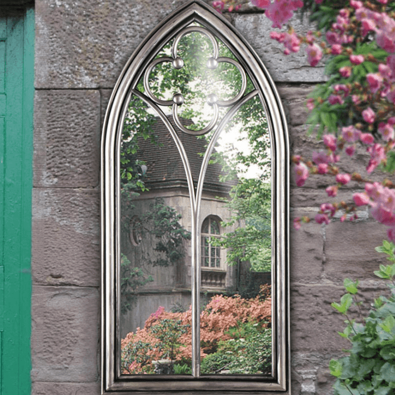 Antique silver gothic pointed arched garden mirror