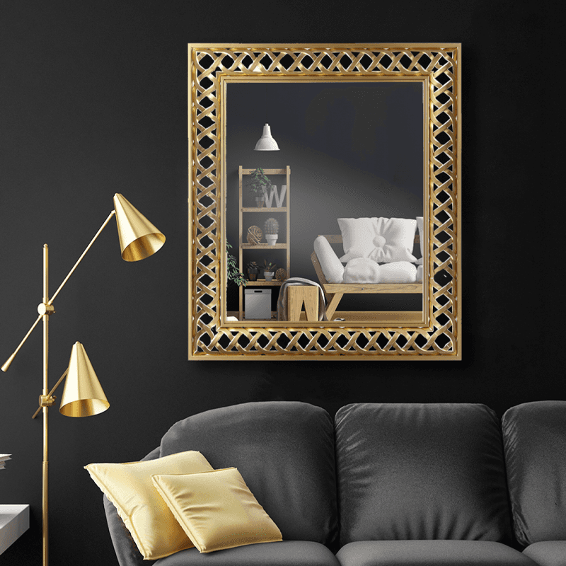 Gold rectangular woven rattan mirror