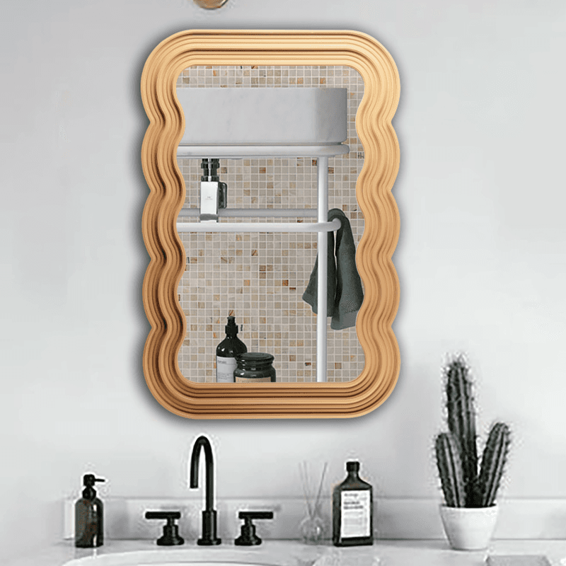 Brown wavy frame rattan mirror